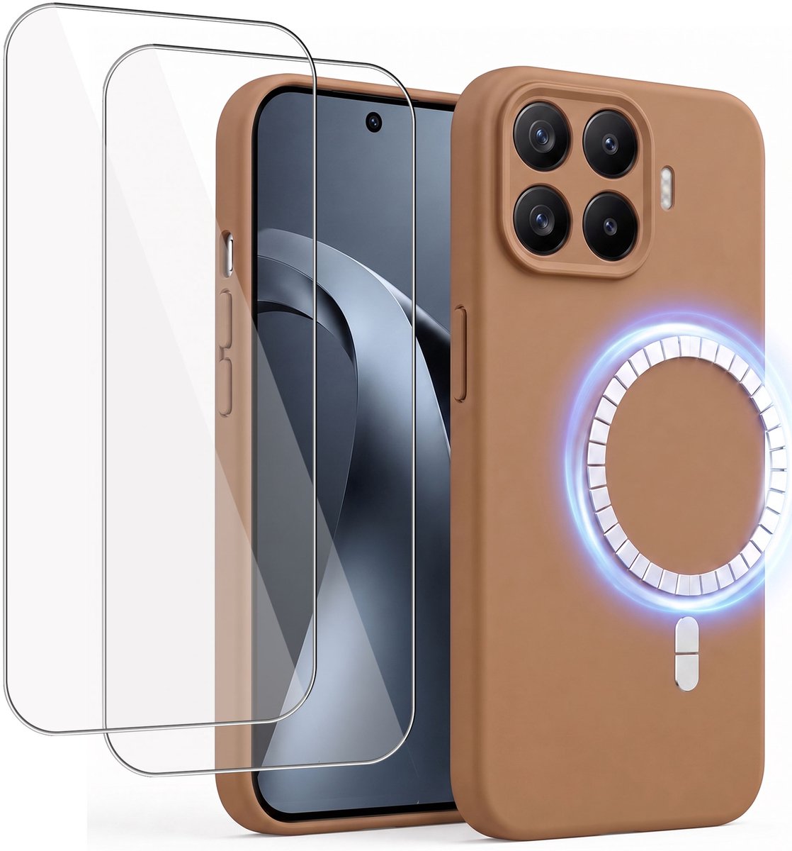 Hoesje + 2x Screenprotector geschikt voor Xiaomi 17 - Hoesje geschikt voor Magsafe - Draadloos opladen - Gehard Glas - Bruin