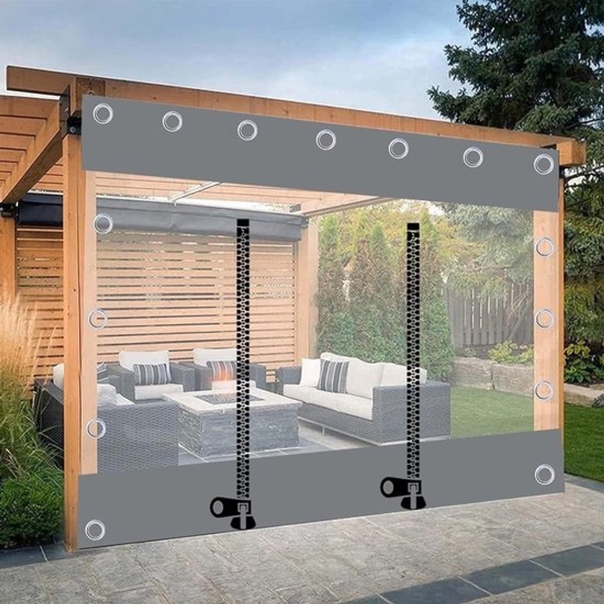 Waterdicht Zeildoek Gordijn - Buiten Zeildoek Panelen - Terras Afschermen - Met Ritsen - 2x2.6m - Grijs Transparant