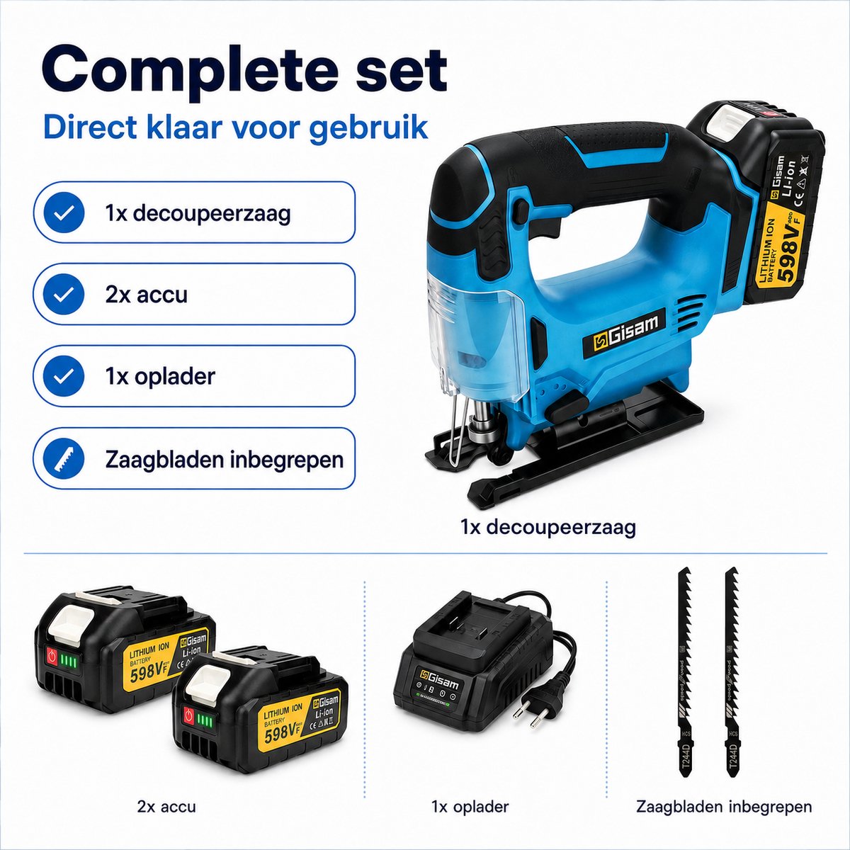 Gisam Accu Decoupeerzaag 18V met 2x 4.0Ah Accu - 1000W Borstelloos - 6000 SPM - 26 mm Slaglengte - Variabele Snelheid - 45° Verstek - Voor Hout, Aluminium en Staal