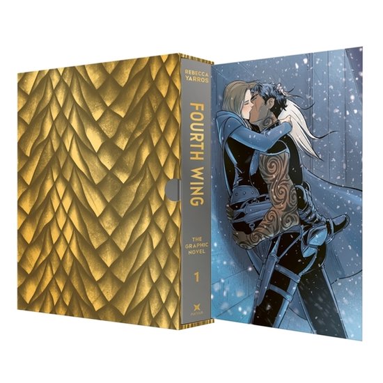 Gouden 'Fourth Wing: The Graphic Novel, Volume One' doos met illustratie van een verliefd stel.