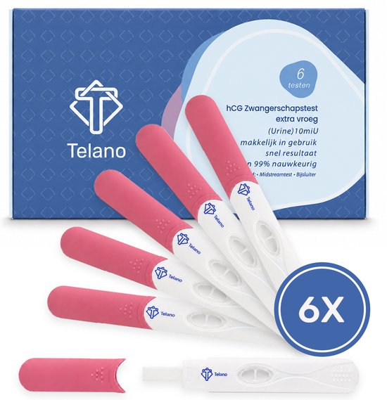 Doos met 6 Telano zwangerschapstesten met roze handgrepen, naast een losse test.