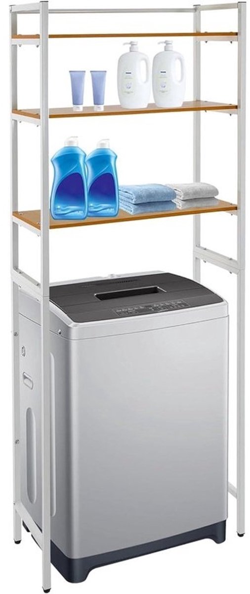 Wasmachine Opslag Organizer - Wastafelkast Plank - Ruimte Organiseren - Verstelbare Hoogte - 69x30x181 cm - Wit Houtkleur