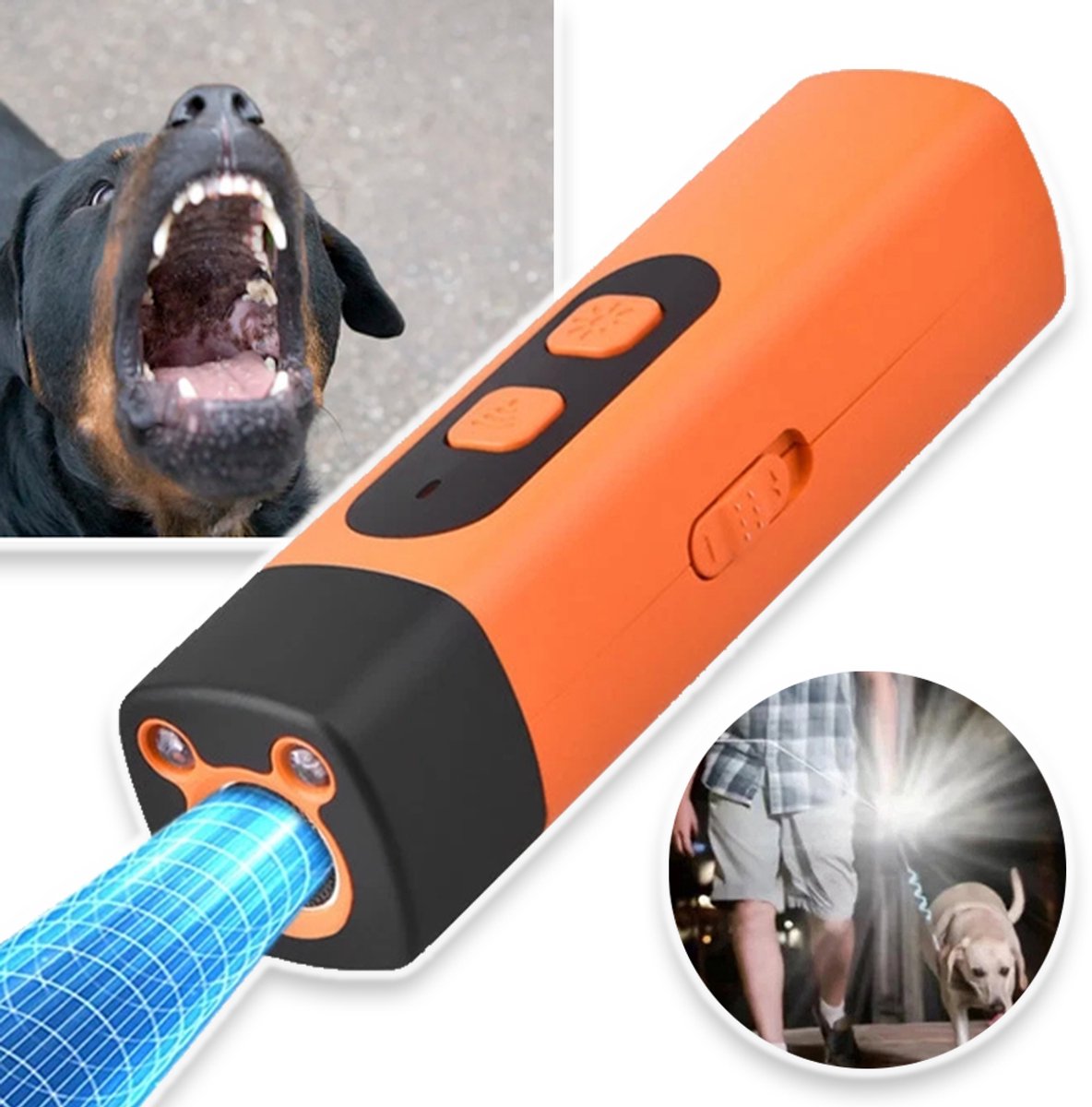 Draagbare Ultrasone Blafstopper Met LED-Zaklamp - 3 Frequenties, 800mAh Oplaadbaar, 10m Bereik, 3 Intensiteiten - Voor Grote & Agressieve Honden - Oranje