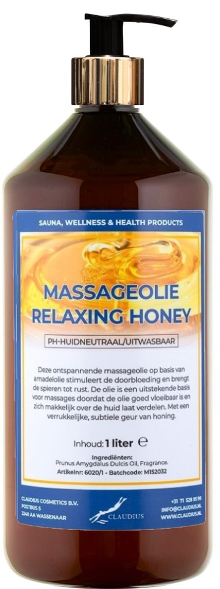 Massageolie Relaxing Honey 1 liter met gouden pomp - amber fles - 100% natuurlijk - biologisch en koud geperst