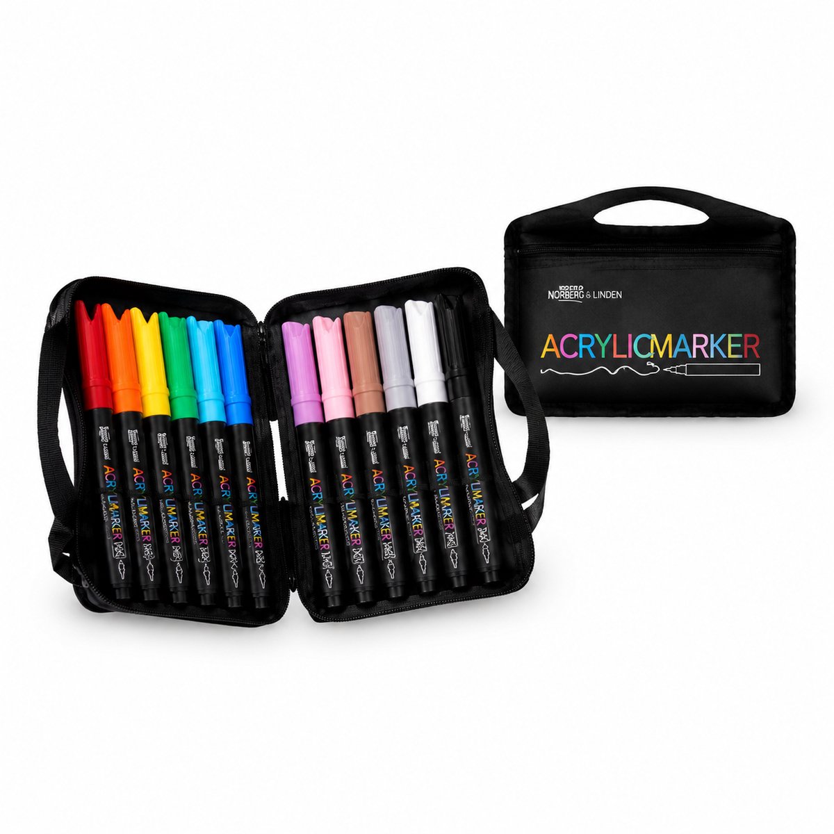 Set van 12 dekkende acrylmarkers met zachte punt, extra grote inktinhoud en zwarte opbergbox