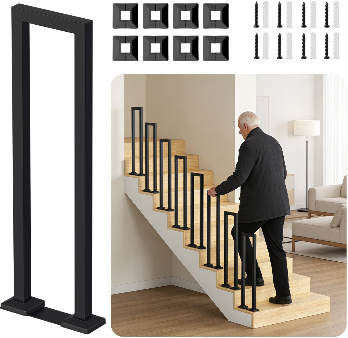 U-vormige trapleuning 55 cm zwart – ijzeren leuning met vierkante buis, trede-montage, binnen en buiten, incl. afdekkappen