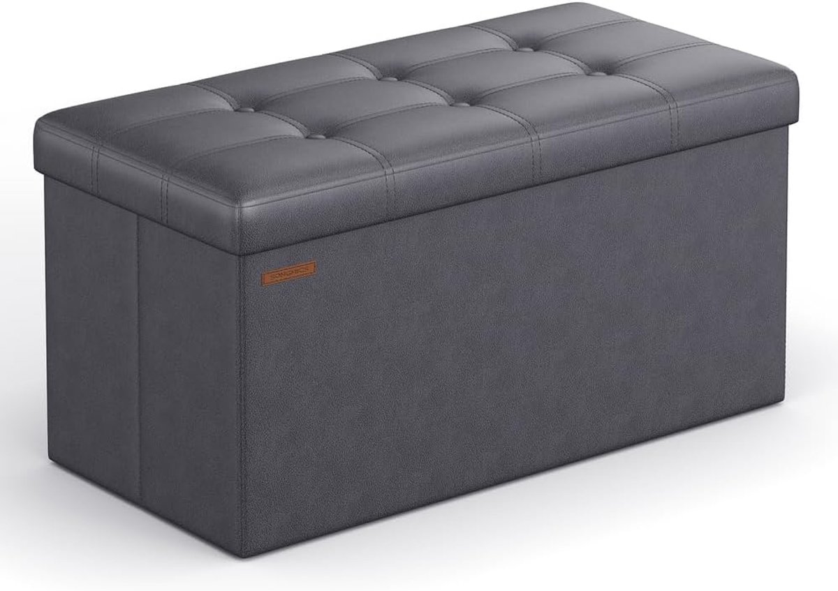 SONGMICS Opvouwbare opbergbank, 76 cm, opbergdoos, voetensteun, salontafel, gevoerde zitting, PU, draagvermogen 300 kg, donkergrijs