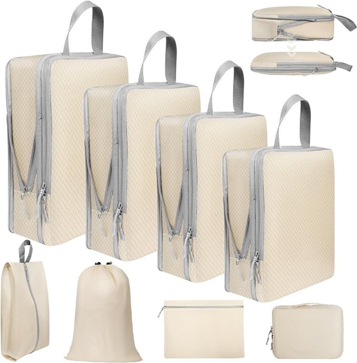 PolkaHome 8-delige compressie packing cubes set – kofferorganizer met waterdichte stof, beige