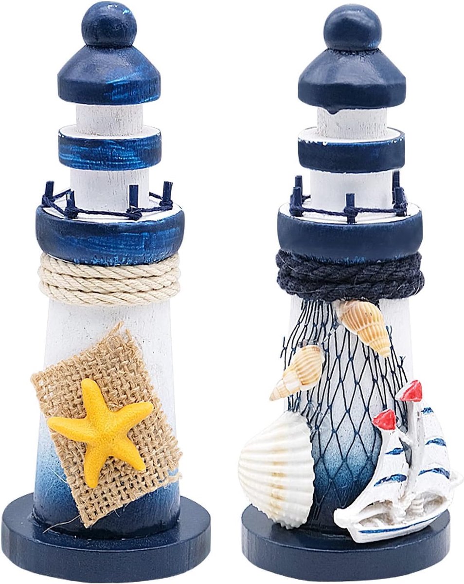Decoratief Beeld - 13 x 5 cm - Hout - Vintage - Handgemaakt - Blauw en Wit