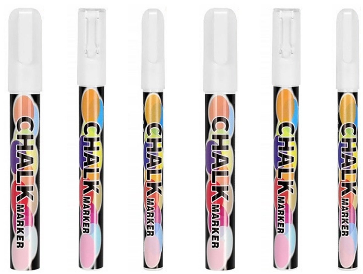 Set van 6 Multifunctionele Witte Krijtstiften - Omkeerbare Punt - Uitwisbare Vloeibare Krijtstiften - Voor Krijtborden, Spiegels, Glas, Autoruiten, Houten Deuren, Knutselen, Graffiti en Schilderen