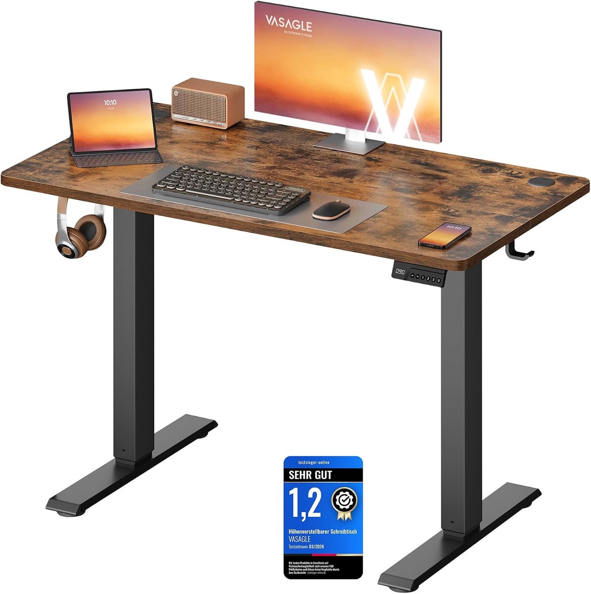 Vasagle bureau met in hoogte verstelbare rugleuning - 100x60 - elektrisch bureau - geheugenfunctie - bruin