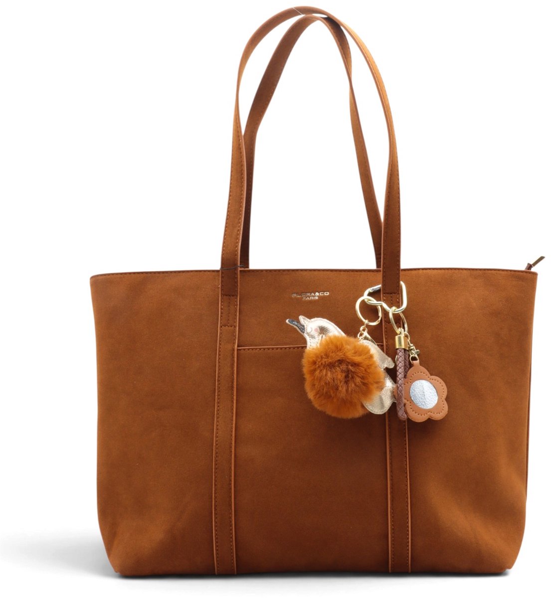 Flora&Co - SOLIS - suède look - grote handtas/tote bag met lange instelbare draagriem - camel/bruin - geschikt voor A4 - ideaal voor school- of werktas