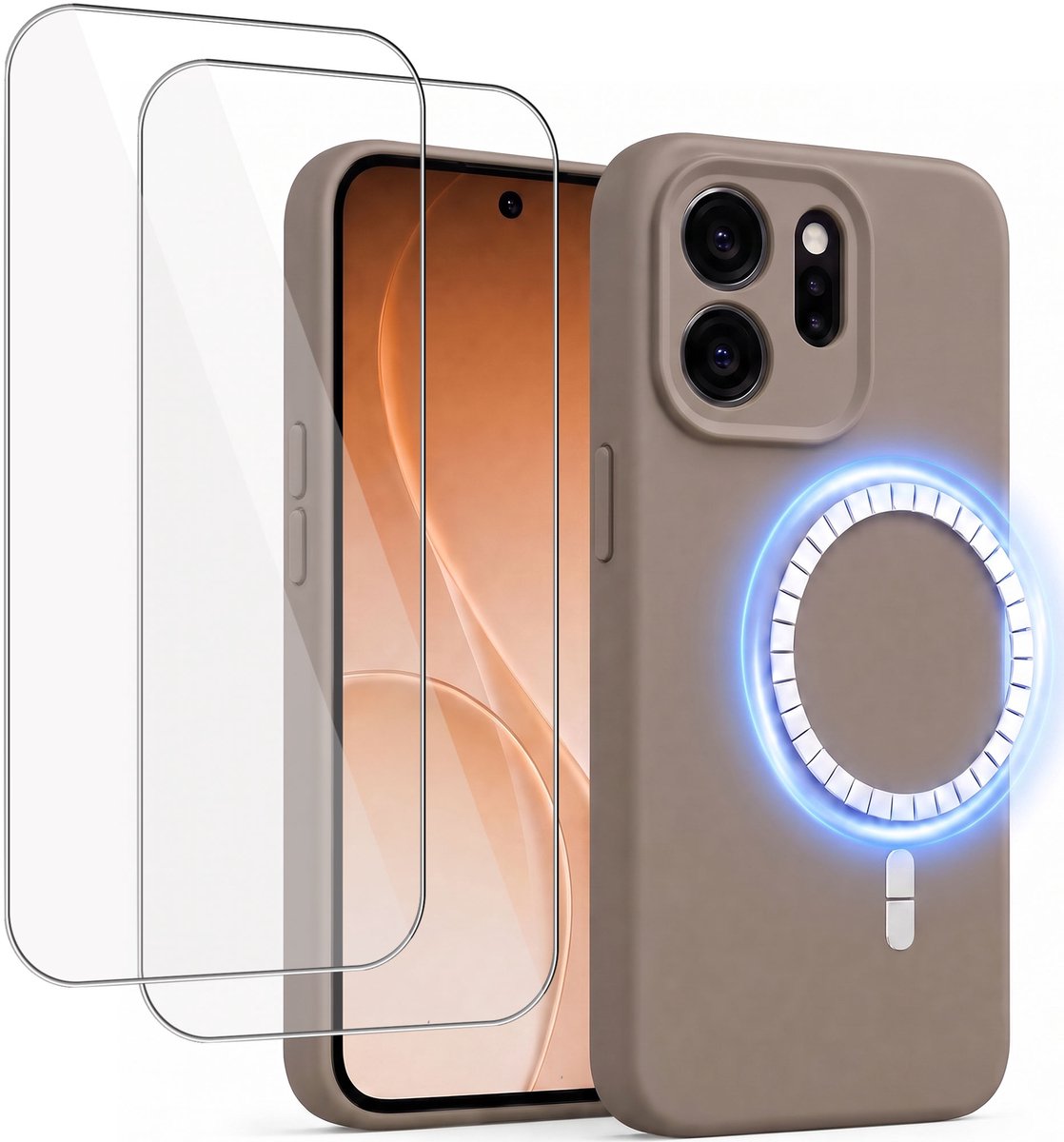 Hoesje + 2x Screenprotector geschikt voor Oppo Reno 15 Pro - Hoesje geschikt voor Magsafe - Draadloos opladen - Gehard Glas - Taupe
