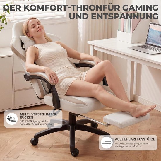 Ergonomische Stoel - Bureaustoel Gaming - Comfortabel Zitten - Met Voetensteun - 160 kg Belastbaar - Beige — afbeelding 3