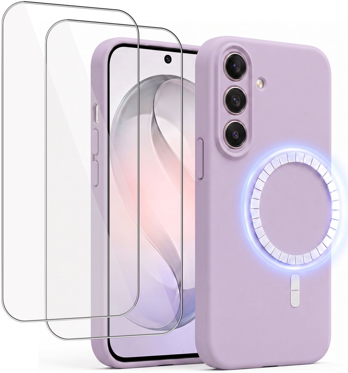 Hoesje + 2x Screenprotector geschikt voor Samsung Galaxy S26 Plus - Hoesje geschikt voor Magsafe - Draadloos opladen - Gehard Glas - Lila