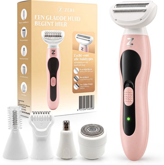 Roze en zwart 5-in-1 ladyshave met accessoires voor wenkbrauwen, neus, gezicht en bikinilijn. Wasbare kop.