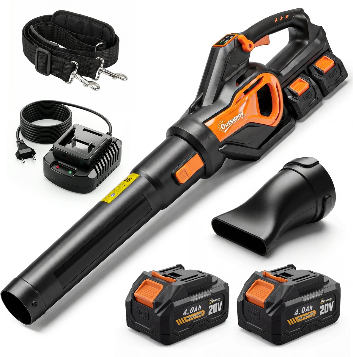 900 W borstelloze, oplaadbare bladblazer met koolborstels – uitgerust met een 36 V-accu (2 × 4,0 Ah) – krachtige luchtstroom – luchtvolume tot 15,2 m³/min – geschikt voor gazononderhoud, sneeuwruimen en stofverwijdering, oranje-zwarte kleurstelling