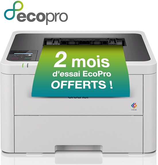 Witte Brother laserprinter met groen en blauw papier uit de uitvoerlade met tekst '2 mois d'essai EcoPro OFFERTS !'.