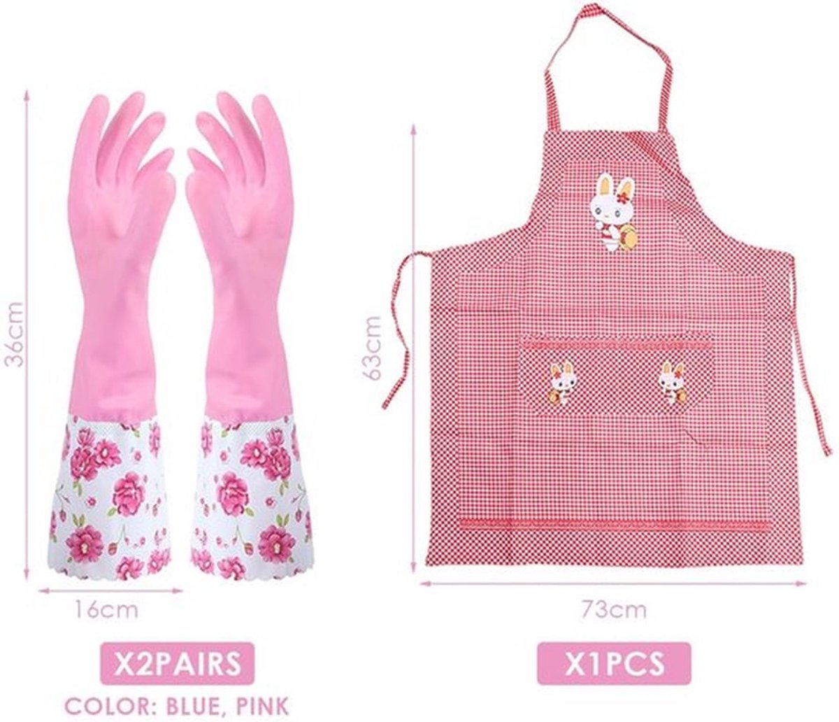 - Afwashandschoenen Set - Waterdichte Rubber Handschoenen - Inclusief Schort - Rode Kleur - Keukenaccessoires - Voor Veilig Afwassen - Ge