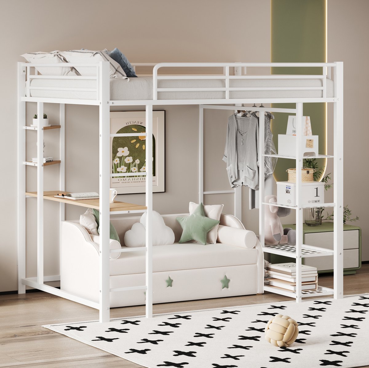 REDOM - Hoogslaper - Met ladder en werktafel - Met kledingkast en opbergvakken - Moderne stijl - Kinderkamer - Metaal en MDF - Wit - 204 x 95 x 180 cm