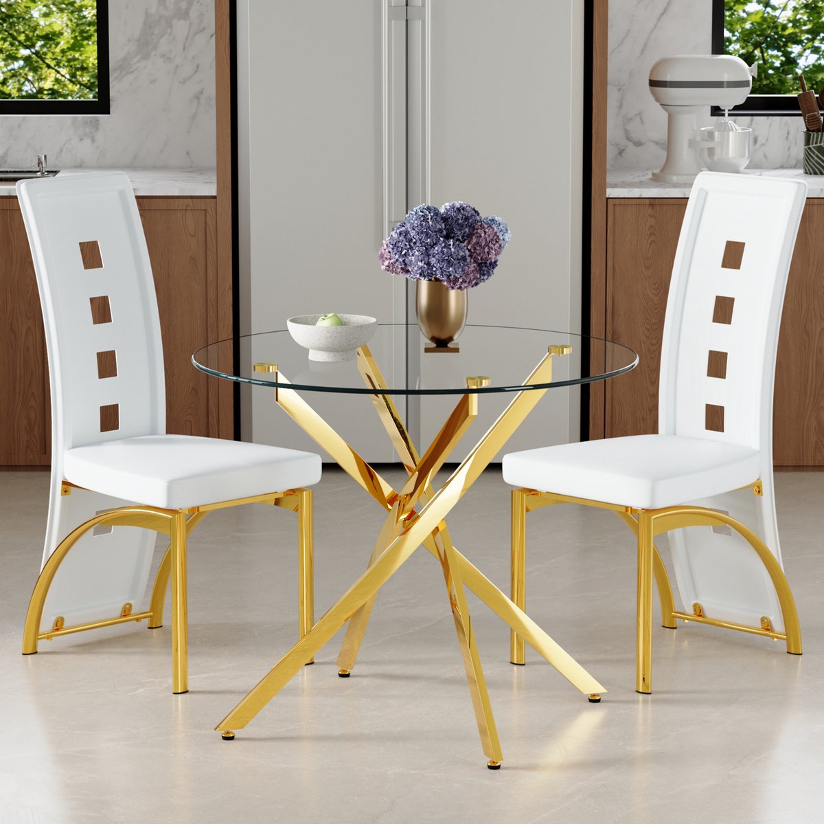 MODFU - Tafel En Stoelen Set - Rond Eettafel 88 Cm - Gehard Glas - 2 Stoelen - Modern - Wit Goud