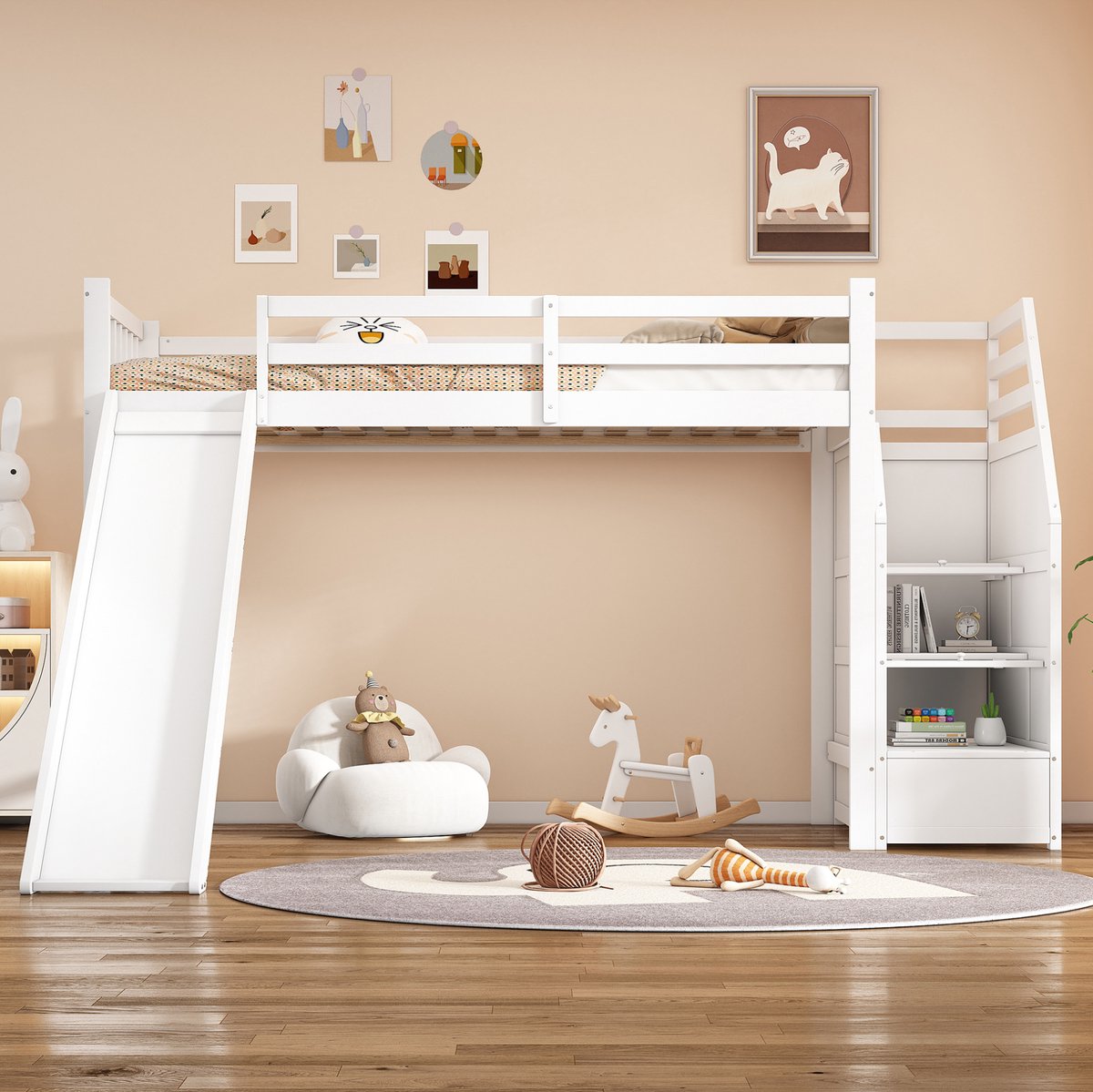 REDOM - Hoogslaper - Met glijbaan - Opbergladder - Uitvalbeveiliging - EN747 gecertificeerd - Kinderkamer - Hout en MDF - Wit - 90 x 200 cm