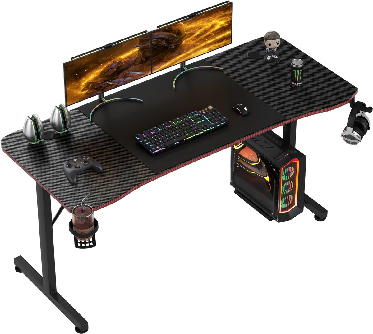 Devoko Gamingbureau 160 × 60 × 75 cm – Ergonomisch Bureau met Gebogen Carbonlook Tafelblad – Inclusief XL Muismat, Kabelgoot, Bekerhouder en Koptelefoonhaak – Zwart