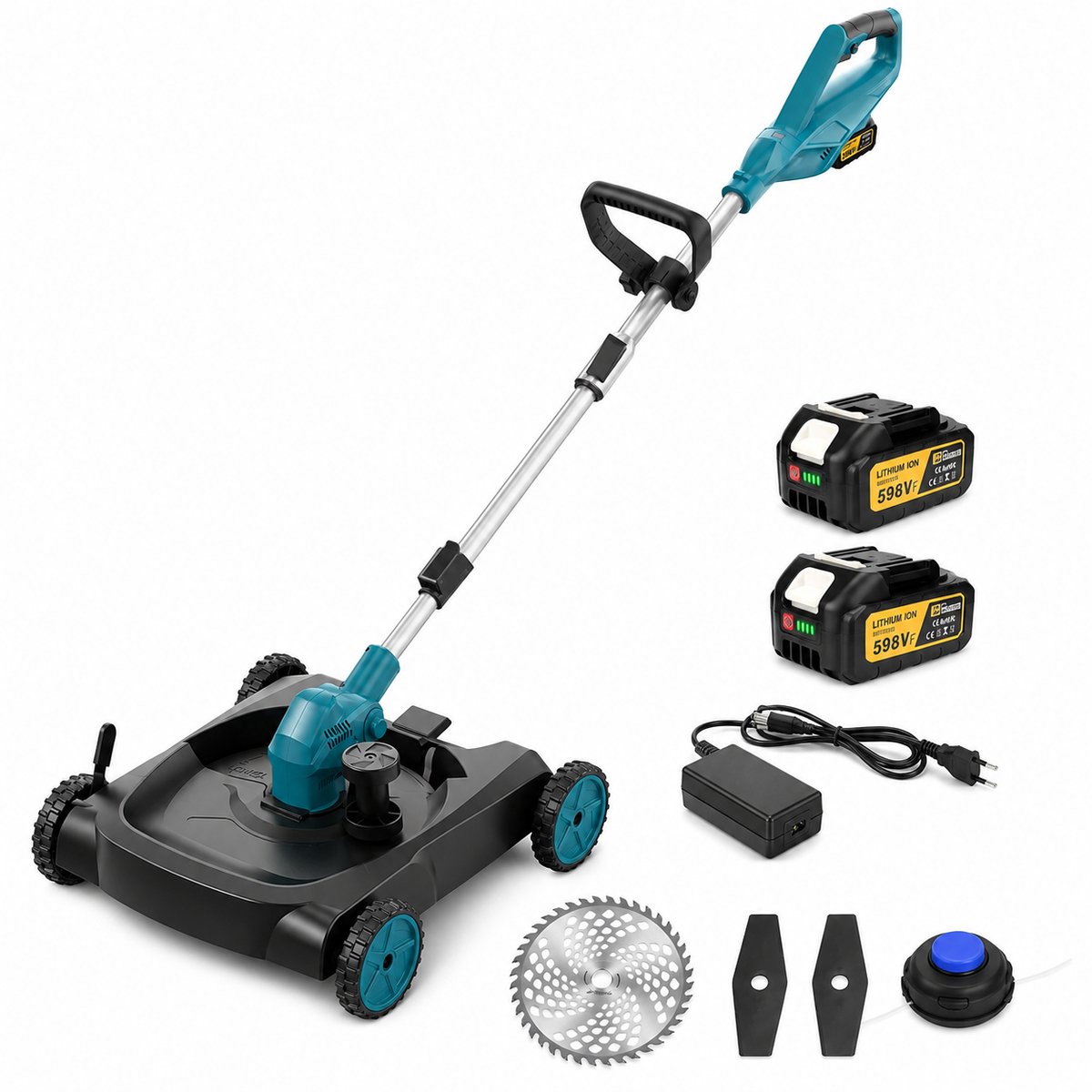 Accu Grastrimmer 3-in-1 met Grasmaaier - 2x 18V 4.0Ah Accu - Borstelloze Motor - 12 Inch - 230 mm Maaiblad - Verstelbare Steel 110-128 cm - Incl. Oplader