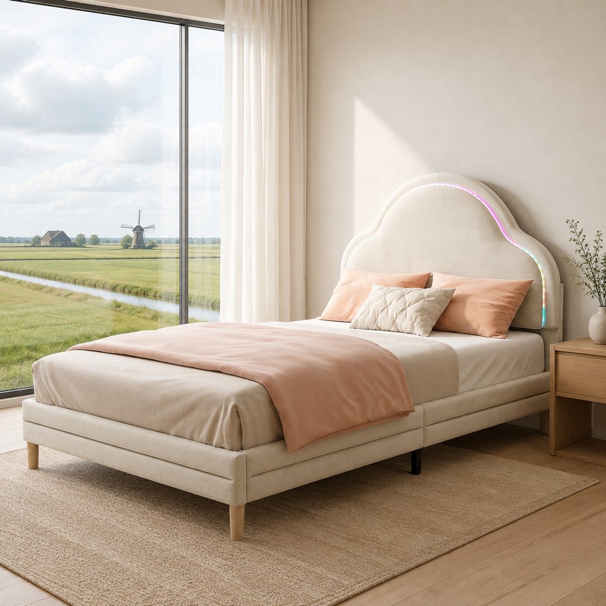 WUVRIE Eenpersoonsbed 90x200 cm met wolkenvormig hoofdbord, LED-verlichting en lattenbodem, beige