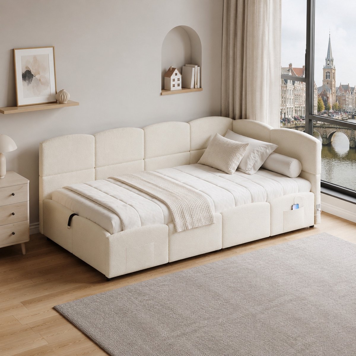 WUVRIE Slaapbank 90x200 cm met opbergruimte, lattenbodem, USB en bouclé in beige