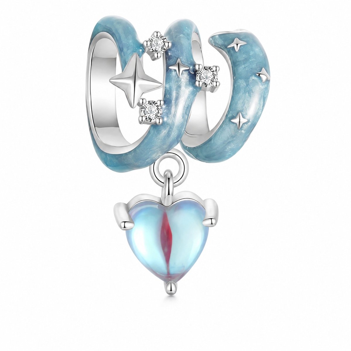 RomyStones Maan en Sterren Bedel met Hart – 925 Sterling Zilver – Lichtblauw – Cadeau voor Haar