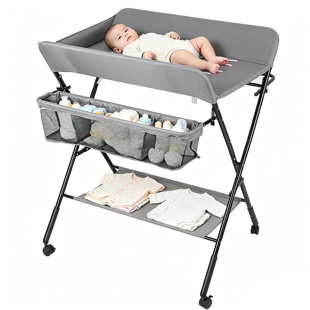 PIPIPOXER Luiertafel opvouwbaar - Met wielen - Vrijstaande Verschoontafe- Afneembare Zij-Caddy - Verstelbare Hoogte – Aankleedkussen - Verzorgingstafel - Opvouwbare & Mobiele commode - Grijs