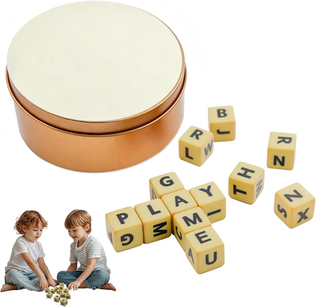 Solitaire kruiswoordspel met dobbelstenen, 12 letters voor educatie, kamperen en creatief spelplezier