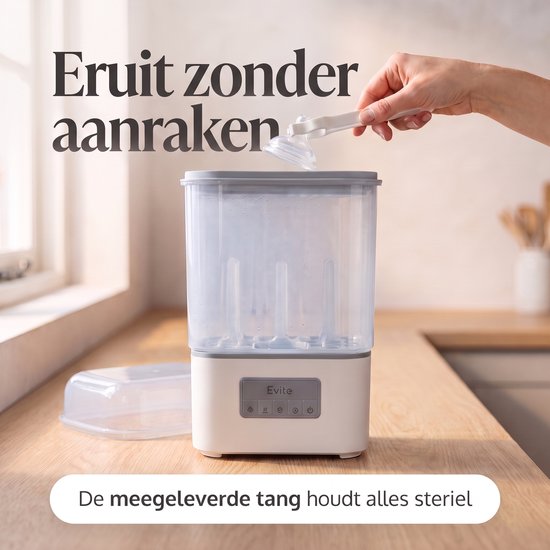 Evite 4-1 Sterilisator Slim - Flessensterilisator met Droogfunctie - Geschikt voor 6 Flessen en Kolfonderdelen - Compact Inklapbaar - Met Tang — afbeelding 3