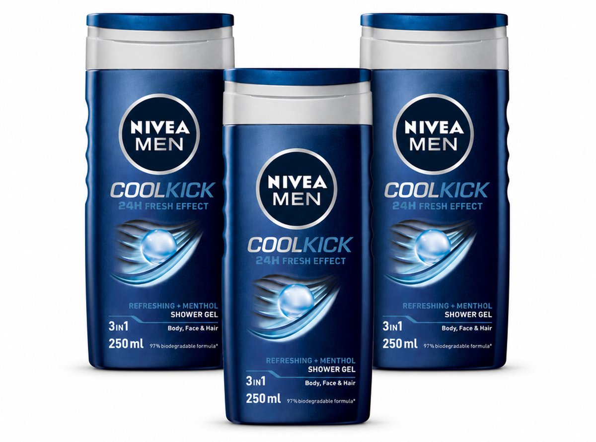 3 x NIVEA MEN - Douchegel - Cool Kick - 250 ml - Bulkverpakking - 3 stuks