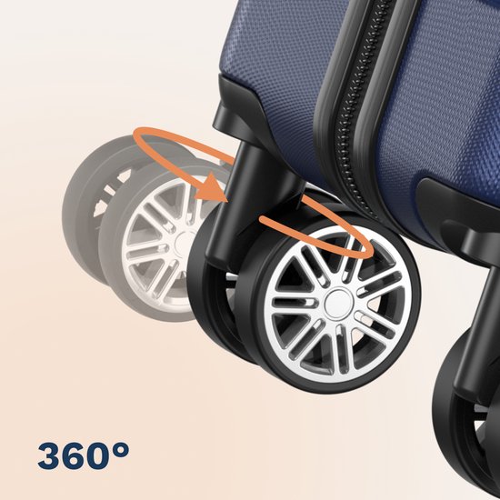 Detail van de 360 graden draaiende wielen van een donkerblauwe koffer.