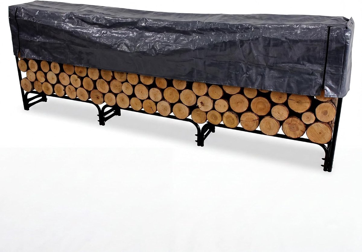 Haardhoutrek 272 cm - Zwart Stalen Houtopslag voor Binnen & Buiten - Heavy Duty Haardhout Stelling met 8 Poten - Brandhout Rek - 272 x 25 x 95 cm