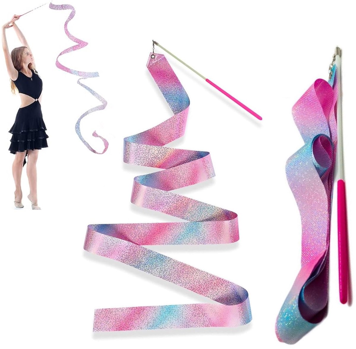 2x Danslint aan stok - gymnastiek lint - Gymnastiek Danslinten - Ritmische - Ritmische danslinten - Gymnastieklinten met draaiende staaf - Sprankelend - 200 cm - Voor Talentenjachten Artistieke Dans Batontechniek Circus Carnavalshows