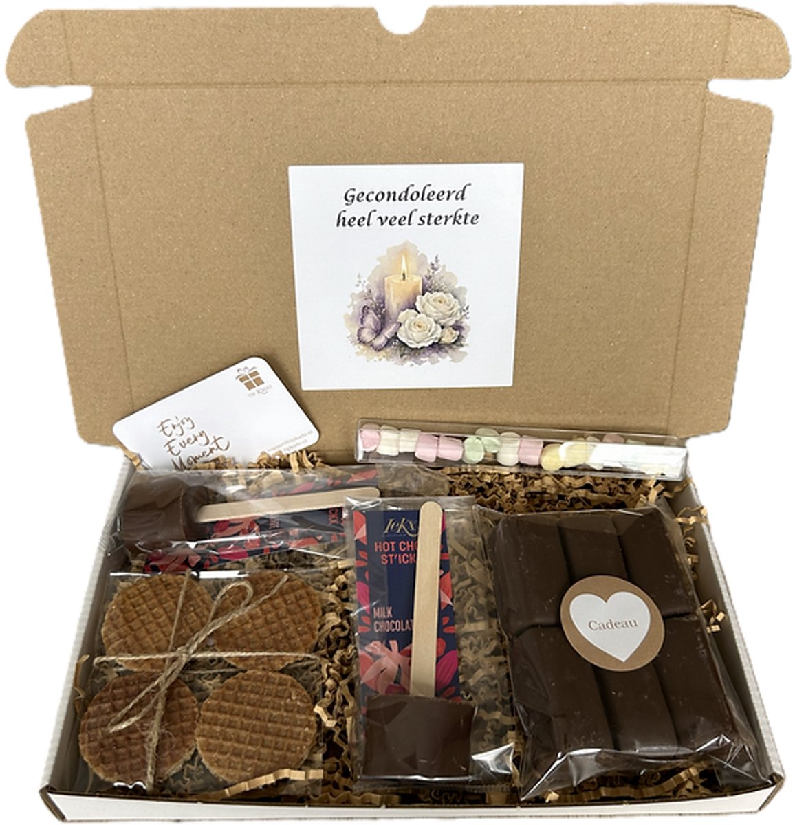 Gecondoleerd choco brievenbus cadeau - chocoladestick - marshmallows - chocolade - stroopwafels