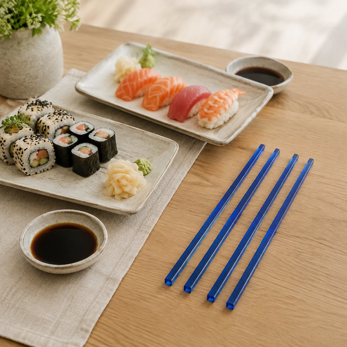 Fameilleur Glazen Eetstokjes Blauw – Set van 4 – 24,5 cm Lange Sushi Stokjes – Herbruikbare Chinese en Japanse Chopsticks – Vaatwasserbestendig – Modern Aziatisch Tafelservies voor Sushi, Noedels, Rijst, Dimsum en Thuisgebruik – Voor Diner en Horeca.