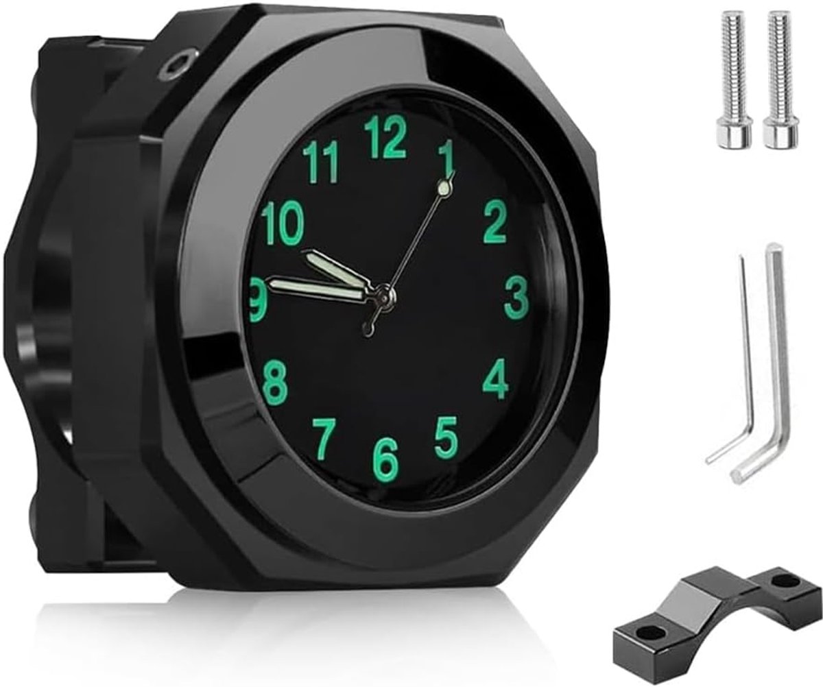 Motorfiets Stuurklok - Lichtgevend Fietshorloge - Stuur Horloge - Waterdichte klok - Fietsen Accessoires - met Montagesleutel - Geschikt voor motorfietsen, fietsen en loopfietsen - zwart
