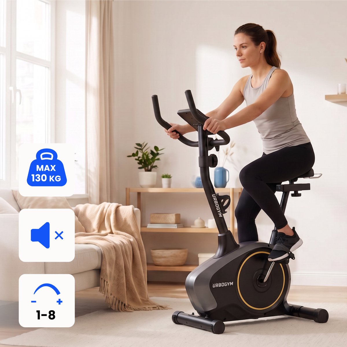 URBOGYM ARGO YELLOW Hometrainer - Magnetische Fitnessfiets - 8 Weerstandsniveaus - Vliegwiel 6 kg - Max. 130 kg - Geel