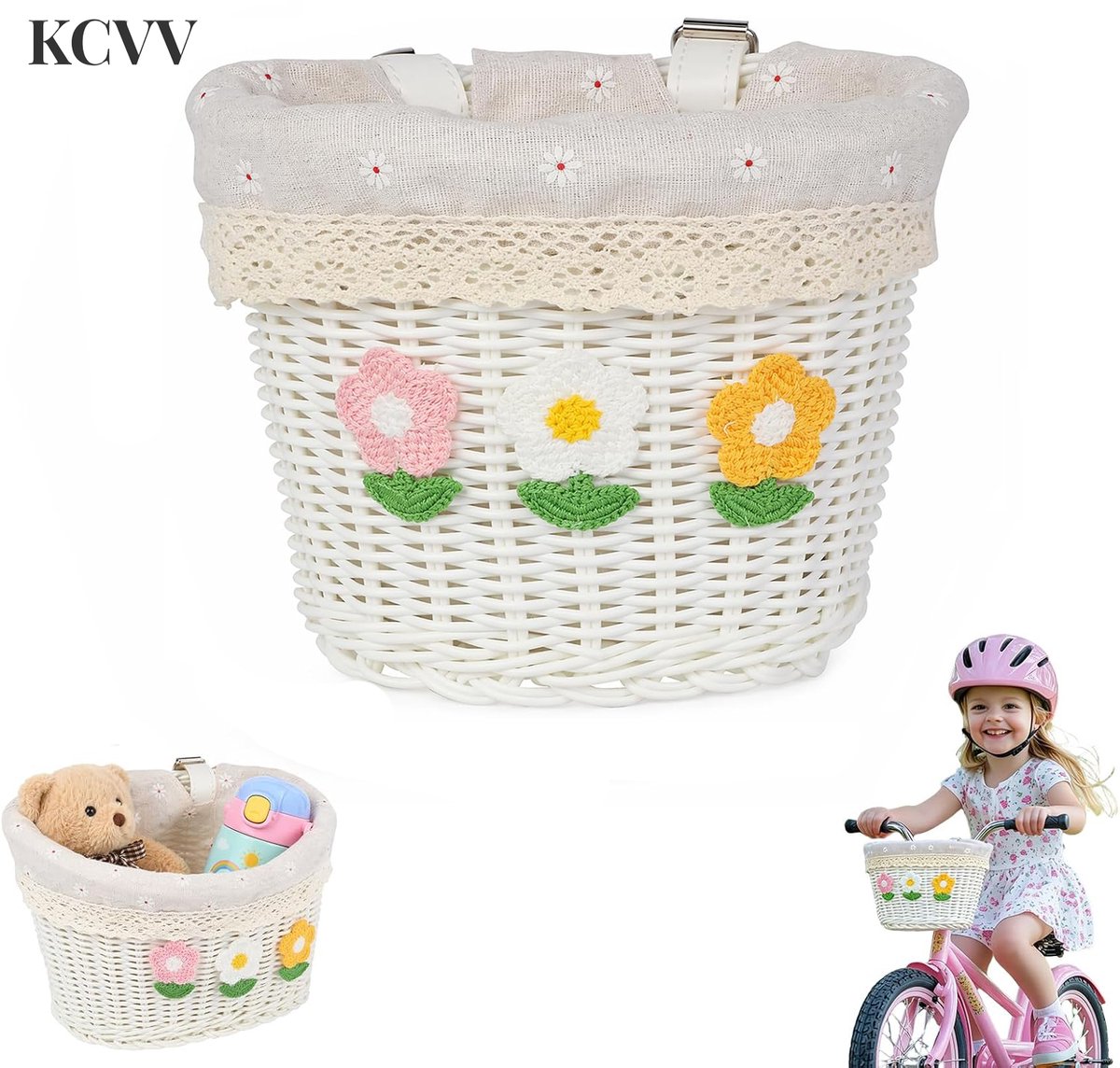 Geweven fietsmand - fietsmandje kinderfiets set-fietsmandje meisjes-Geweven fietsmand - Geschikt voor fietsen van 12 tot 20 inch - Meerkleurig - Geschikt voor scooters en driewielers - Wit - 21x16x16cm