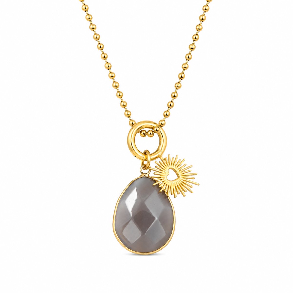 Marama Ketting Heart Agaat Goud – Grijze Agaat – Ball Chain – Stainless Steel – Dames