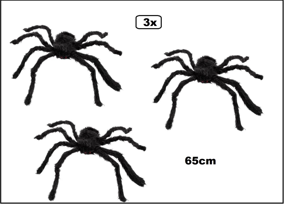 3x Halloween zwarte harige spin met rode ogen 65cm - Halloween horror spinnen creepy griezel