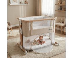 BEBE2LUXE Leo 3-in-1 meegroeibedje – In hoogte verstelbare co-sleeper, veilig babybedje, modulair speelpark, vanaf de geboorte tot 36 maanden in speelparkmodus – Beige