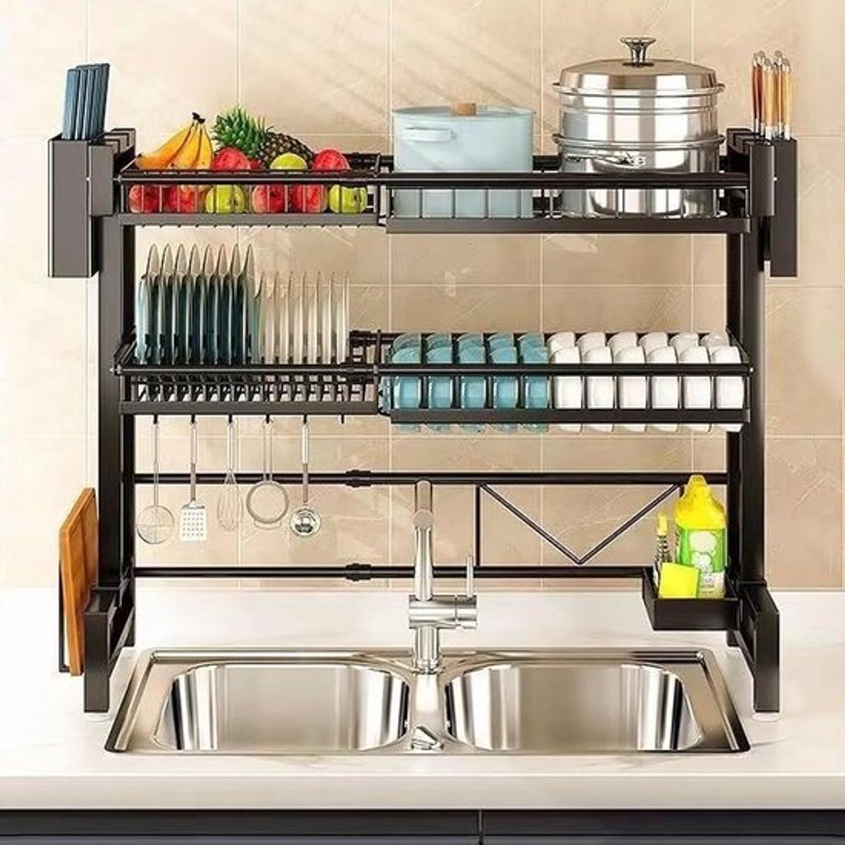 Afdruiprek 2 Niveaus - Droogrek Gootsteen - Keuken Organiseren - Verstelbare Lengte - 95cm - Zwart