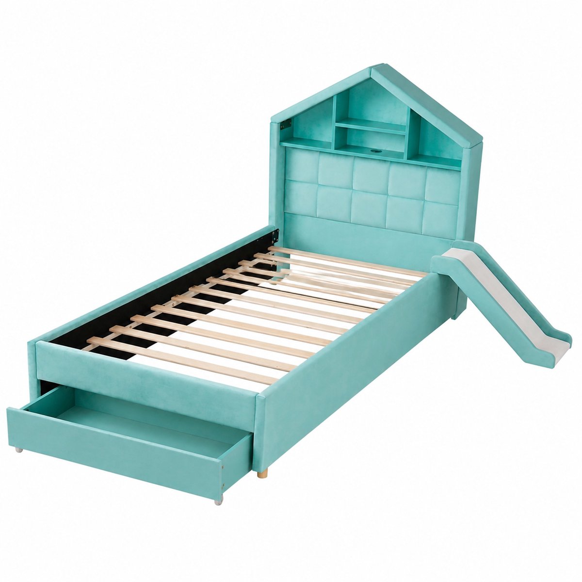 WUVRIE Kinderbed 90x200 cm met huisvormig hoofdbord, glijbaan, LED en opbergruimte, blauwgroen