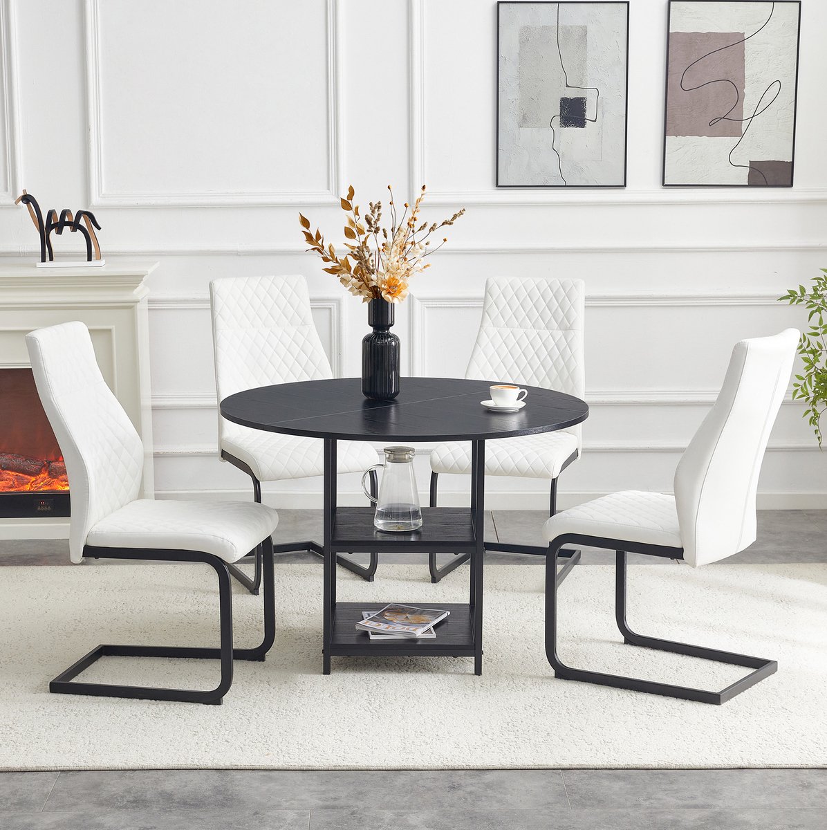 MODFU - Tafel En Stoelen Set - Rond - Industrieel - Zwart Wit - MDF Metaal