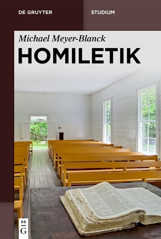Boekomslag van Homiletik door Michael Meyer-Blanck, toont een open boek op een houten tafel in een lege houten kerk.